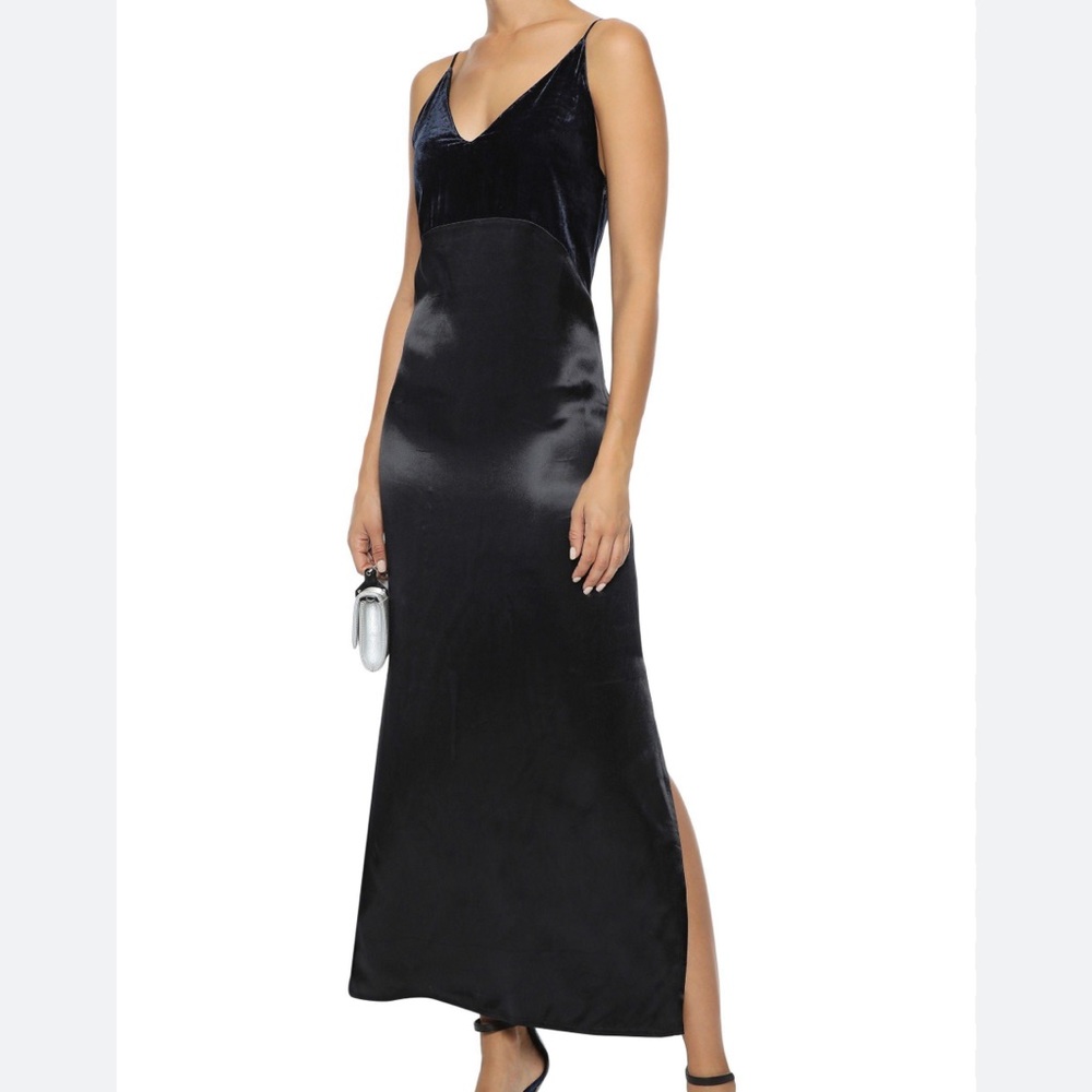 Maje Black Satin & Velvet Maxi Slip Dress